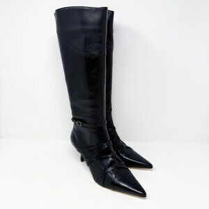 NWOB Vtg Y2K Black Leather Pointy Toe Knee High Boots w Corset Detail Size 7.5